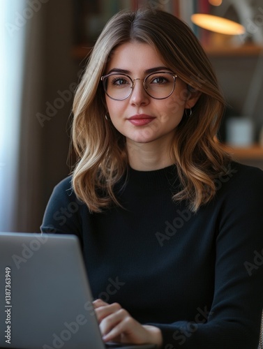 Obraz na płótnie Woman wearing eyeglasses working on laptop in office. w salonie