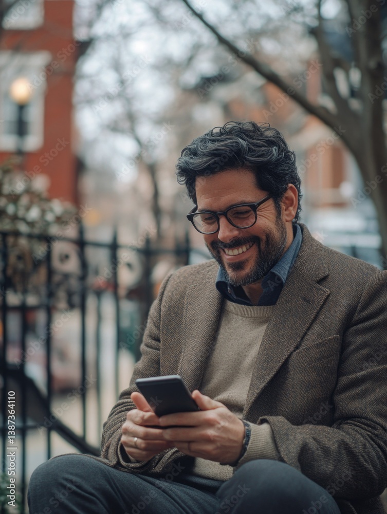 Man sitting on a bench, enjoying his phone. He is smiling as he engages with the content of his device.