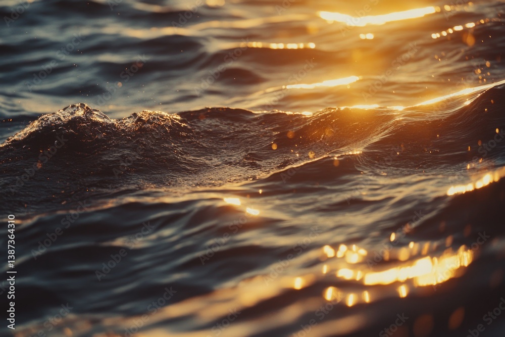 Golden sunlight reflects on ocean waves, creating a tranquil beach scene.