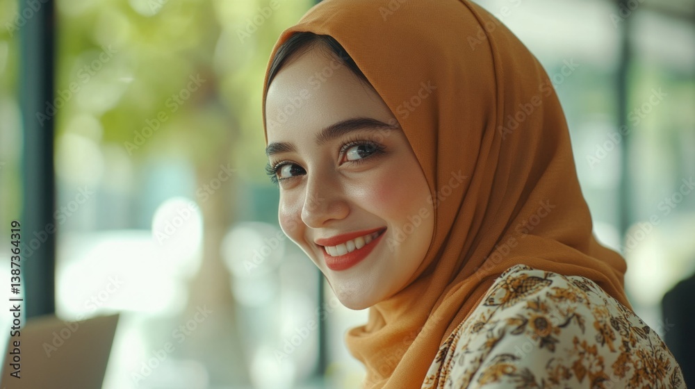 A cheerful young woman wearing a modern, fashionable outfit with a hijab, smiling brightly and enjoying the city's atmosphere.
