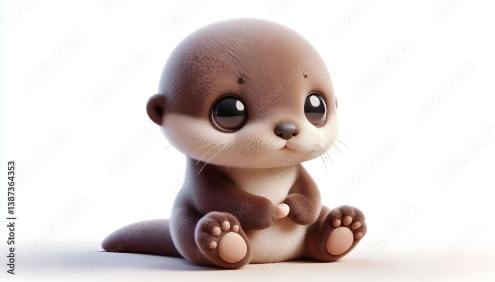 Fototapeta premium Fluffy baby otter with rounded ears and sparkling eyes sitting peacefully with tiny seashell