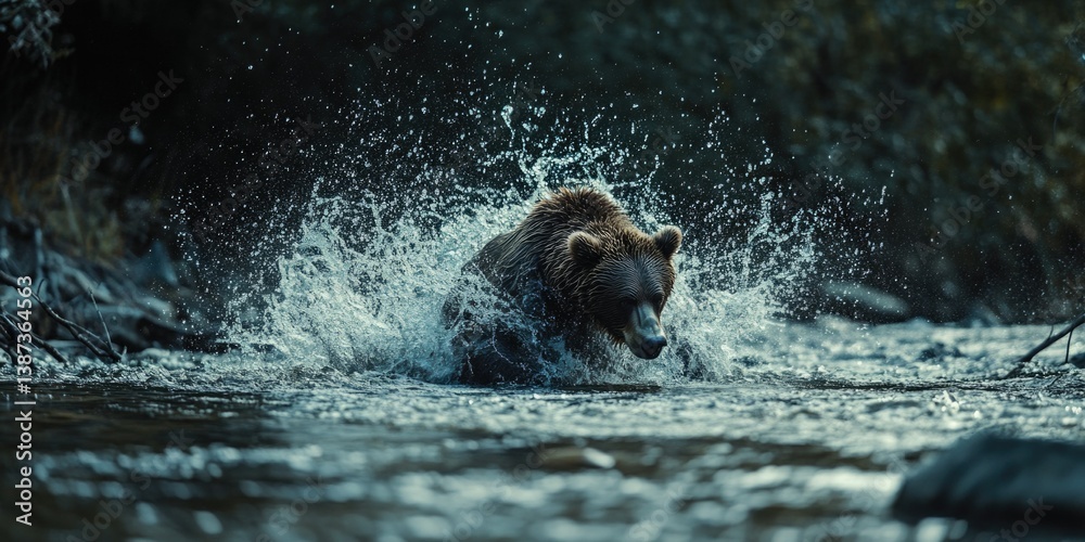 Close-up of bear in stream, surrounded by natural environment; captures the essence of wilderness and survival.