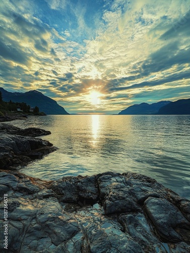 Obraz na płótnie This image captures a tranquil sunset over a serene lake, with majestic mountains in the background and rocky shores leading to the water. w salonie