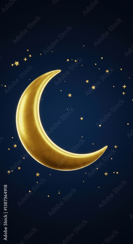 Naklejka premium Golden Crescent Moon and Starry Night Sky: A Celestial Digital Art Piece