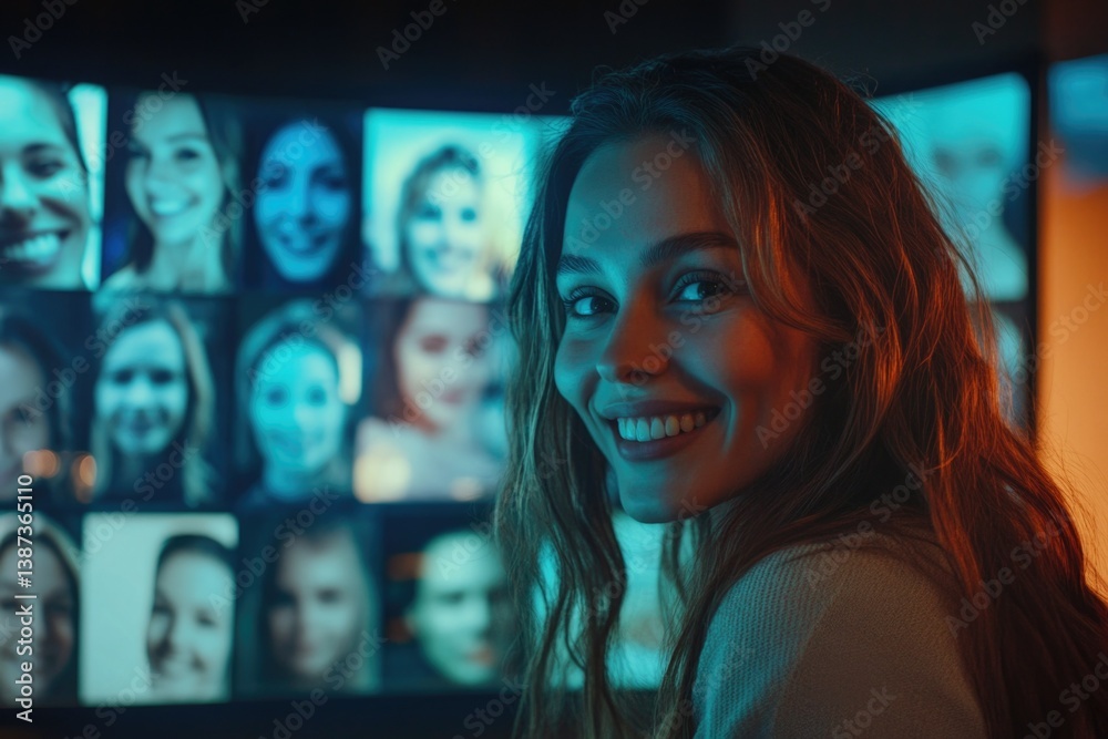 A cheerful woman in front of a wall with photos of her face, representing modern technology and social connectivity.