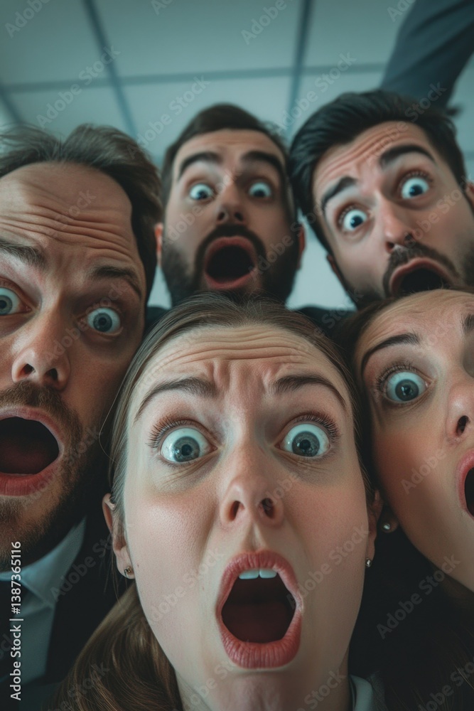 Office colleagues with surprised expressions, likely reacting to a sudden announcement or event in the workplace.