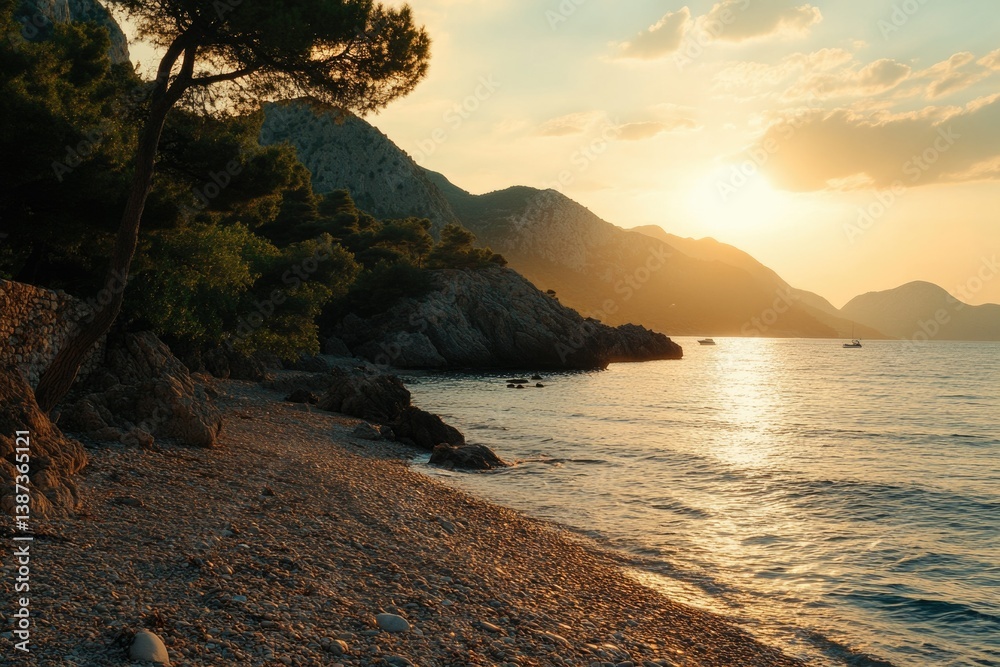 Serene evening scene at a pebble beach with clear skies and calm waters.