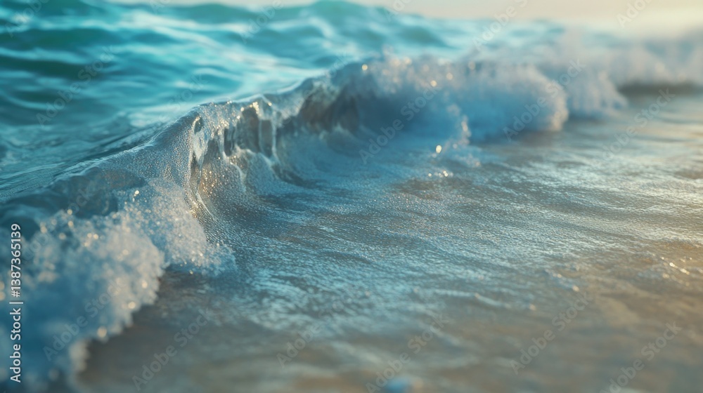 Serene ocean water lapping against the sandy beach, creating gentle waves. The calm and soothing scene is ideal for relaxation.
