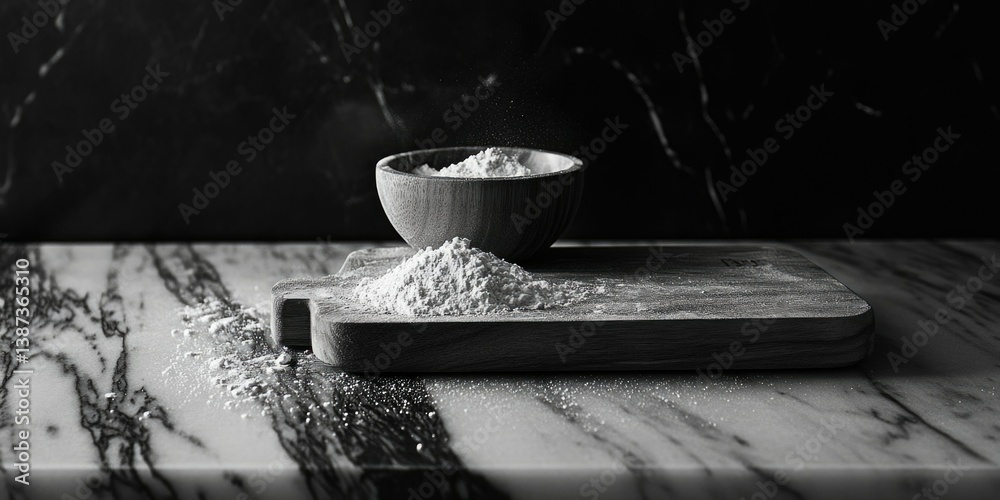 Microstock image of a wooden salt grinder with shavings on granite countertop.