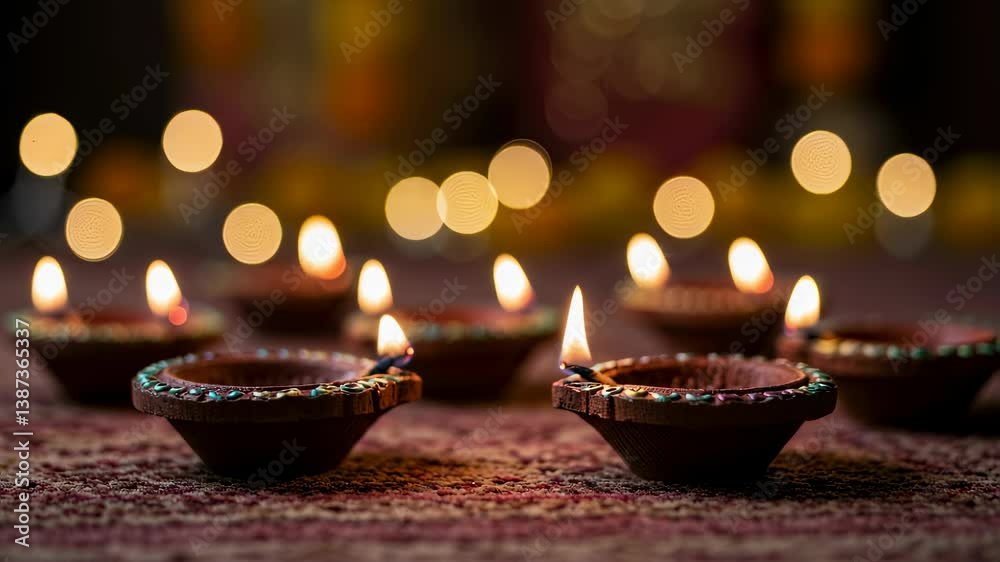 Diya flames with glowing bokeh background during Indian festival