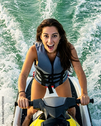 a beautiful female tourist getting excited riding a high-speed jet ski