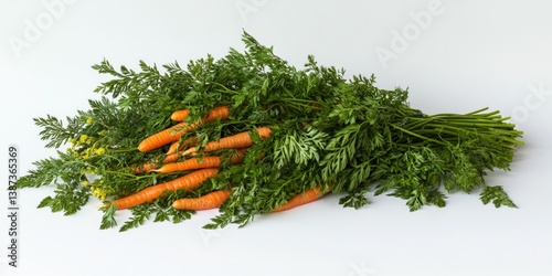 Colorful bundle of carrots with green tops, natural lighting