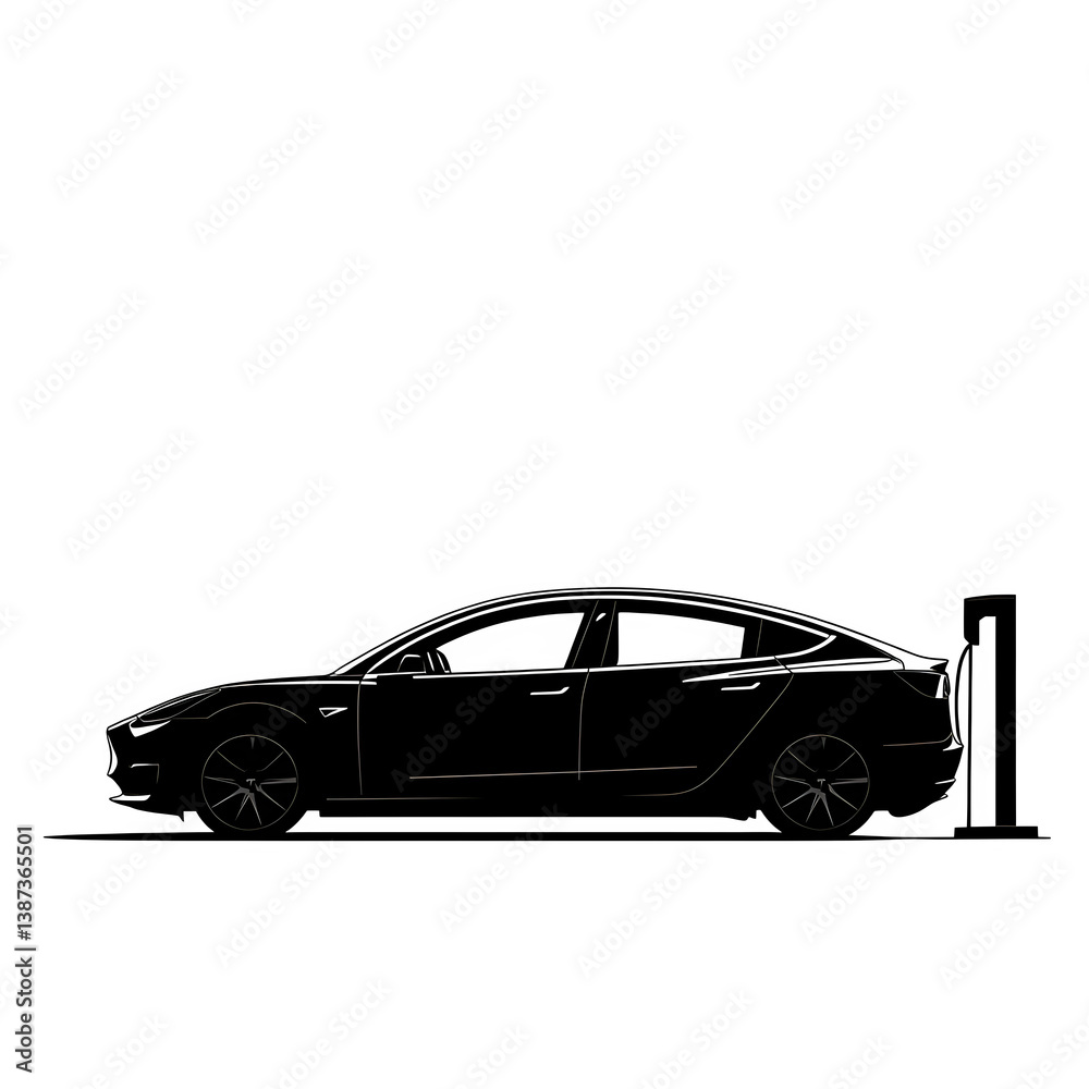 Fototapeta premium Silhouette of an electric car charging at a station, isolated on a transparent background.