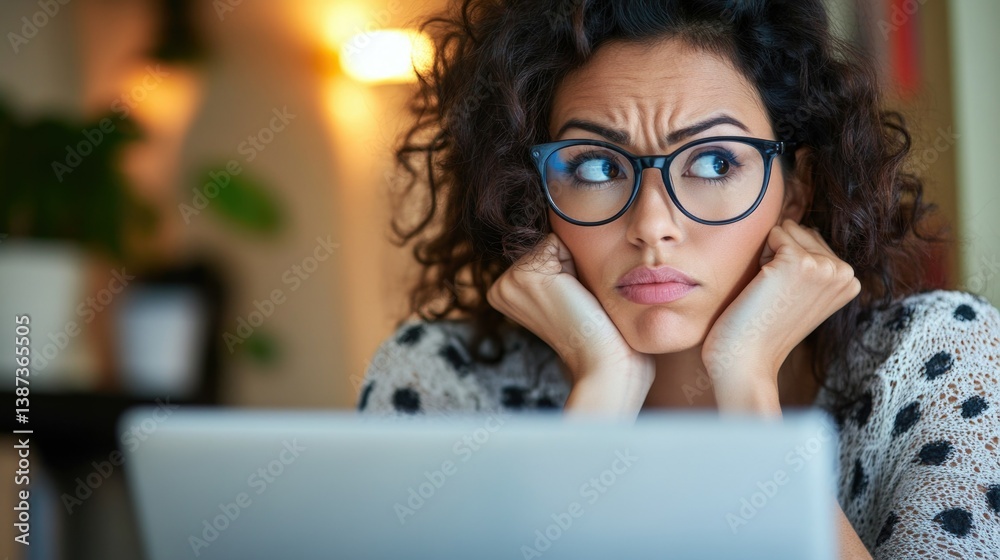 A young woman with a concerned expression, looking away from her laptop screen. She is seated at a desk in an indoor setting.