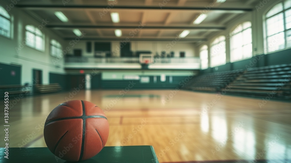 Sports ball sitting on wooden bench, basketball court with hoops and empty bleachers in the background.