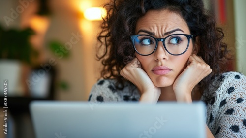 Obraz na płótnie A young woman with a concerned expression, looking away from her laptop screen. She is seated at a desk in an indoor setting. w salonie