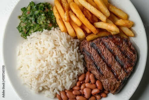 Obraz na płótnie Delicious plate of beef and rice, accompanied by refried beans and guacamole. w salonie
