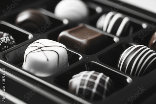 Box with variety of chocolate candies and sweets.