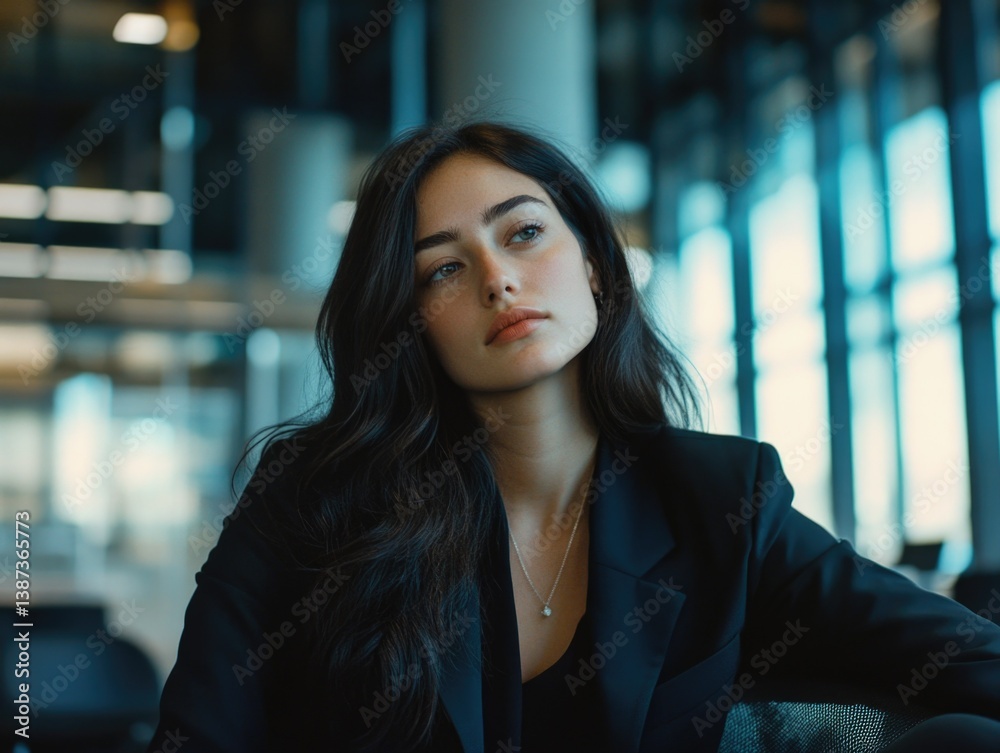 Woman in business attire with serious expression
