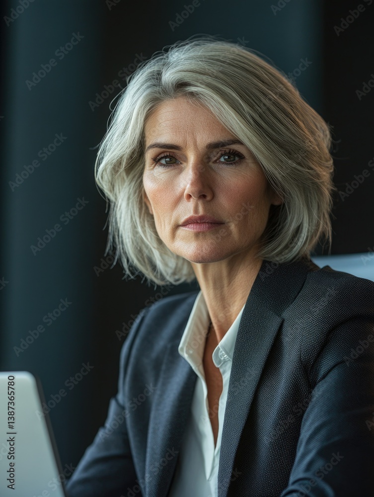 Woman looking stern, focused on laptop in office setting.