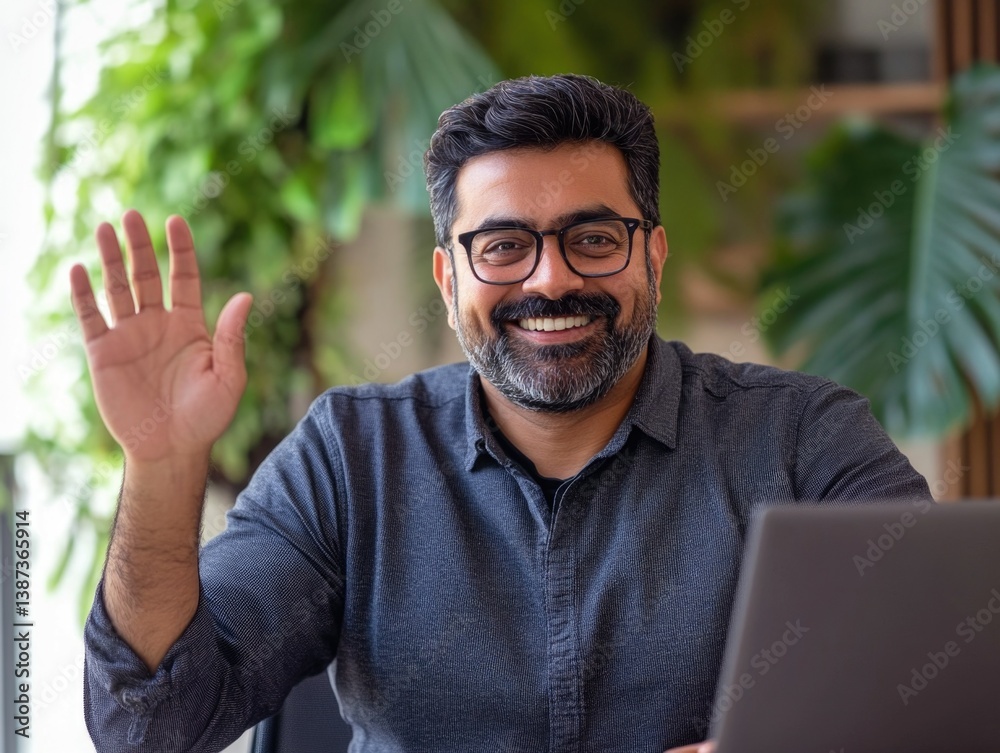 Businessman waving with joy, smiling at the camera in a modern office environment.