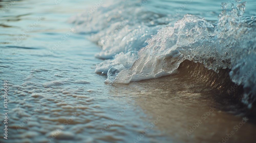 Waves breaking gently on the sandy beach shore.
