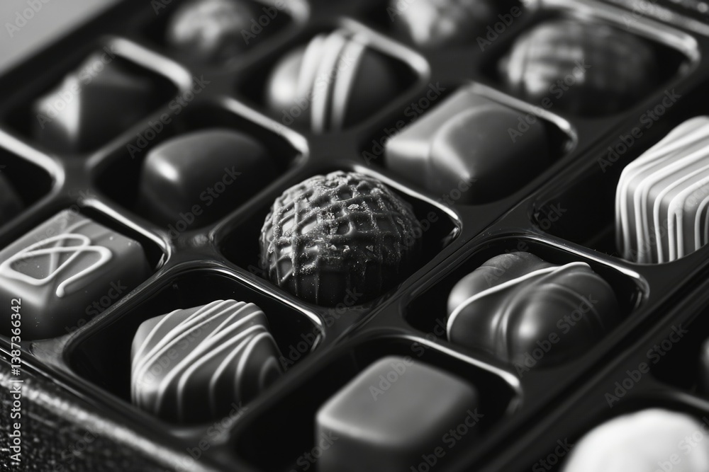 Vibrant candy in a neat chocolate box with hinged lid, on black surface.