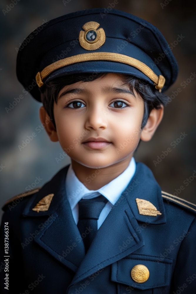 Portrait of young boy dressed as pilot in military style outfit with gold trim and cap, suggesting admiration for aviation or a career in the field.
