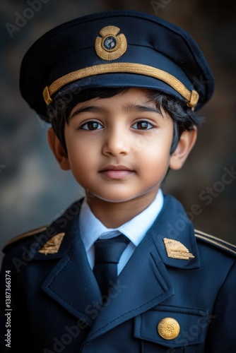 Obraz na płótnie Portrait of young boy dressed as pilot in military style outfit with gold trim and cap, suggesting admiration for aviation or a career in the field. w salonie