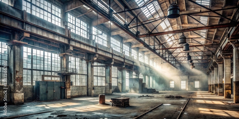 Fototapeta premium Sunbeams Illuminate the Dust Motes in a Derelict Industrial Building's Vast Interior