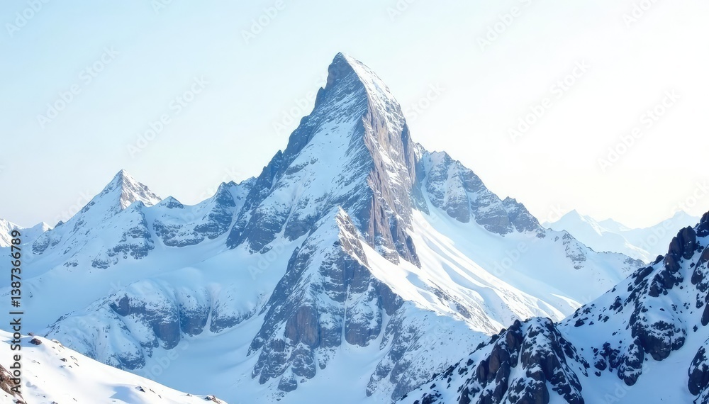 Fototapeta premium Snow-covered mountain peak against bright white sky, sky, frost