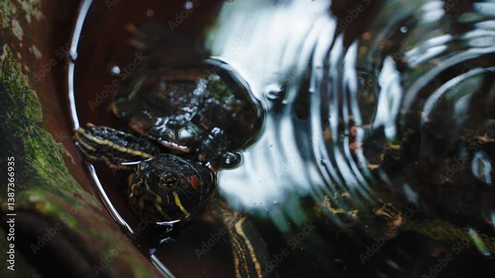 A pretty Yellow-bellied Slider (Trachemys scripta scripta) or water Turtle standing on a log in the water. Its reflection showing in the water.
