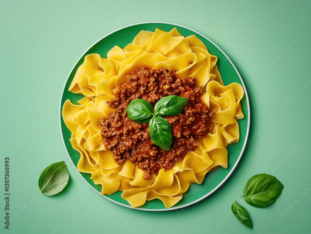 A plate of spaghetti noodles topped with a red meat sauce and garnished with basil leaves.