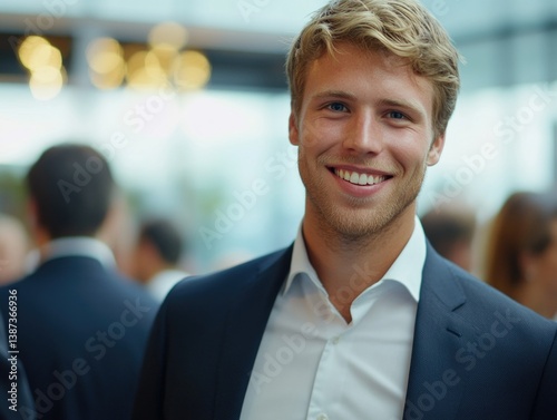 Smiling young man in business attire at a social event or conference, exuding confidence and approachability.