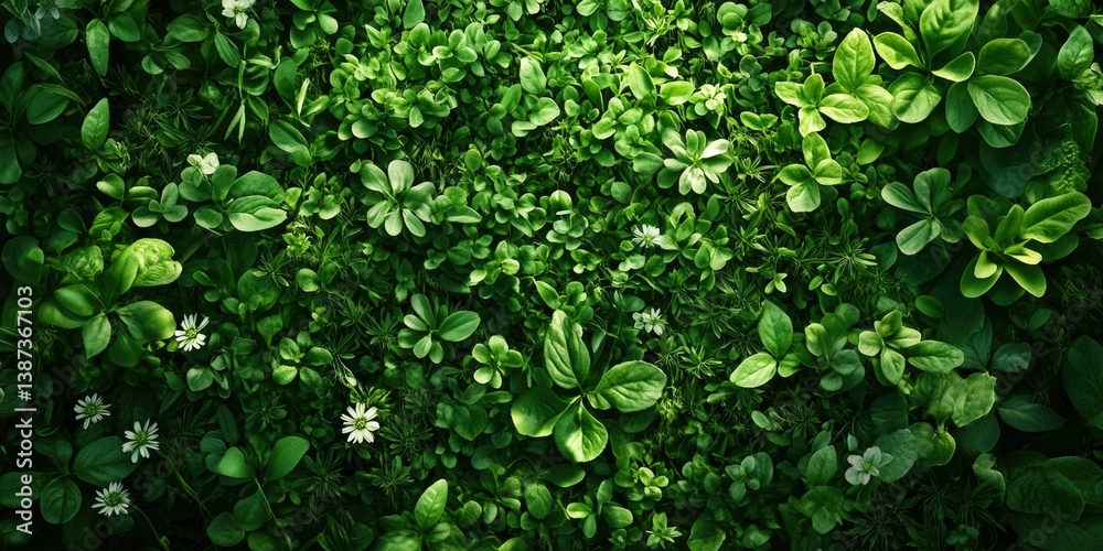 The image depicts a close-up of green weeds, with various plants and grasses in sharp focus. The textures vary among the different leaves, creating a rich natural scene.