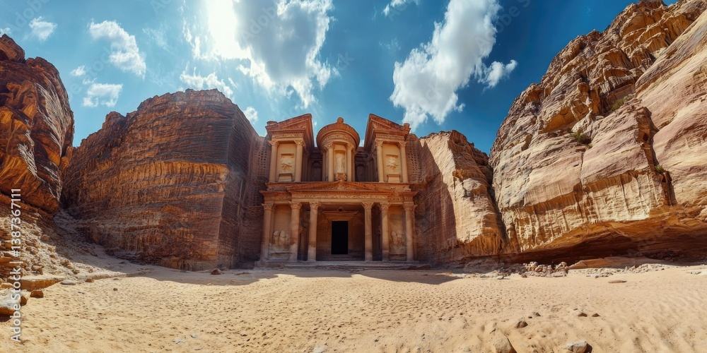 Image of ancient rock-cut architecture in Wadi Rum, Jordan.