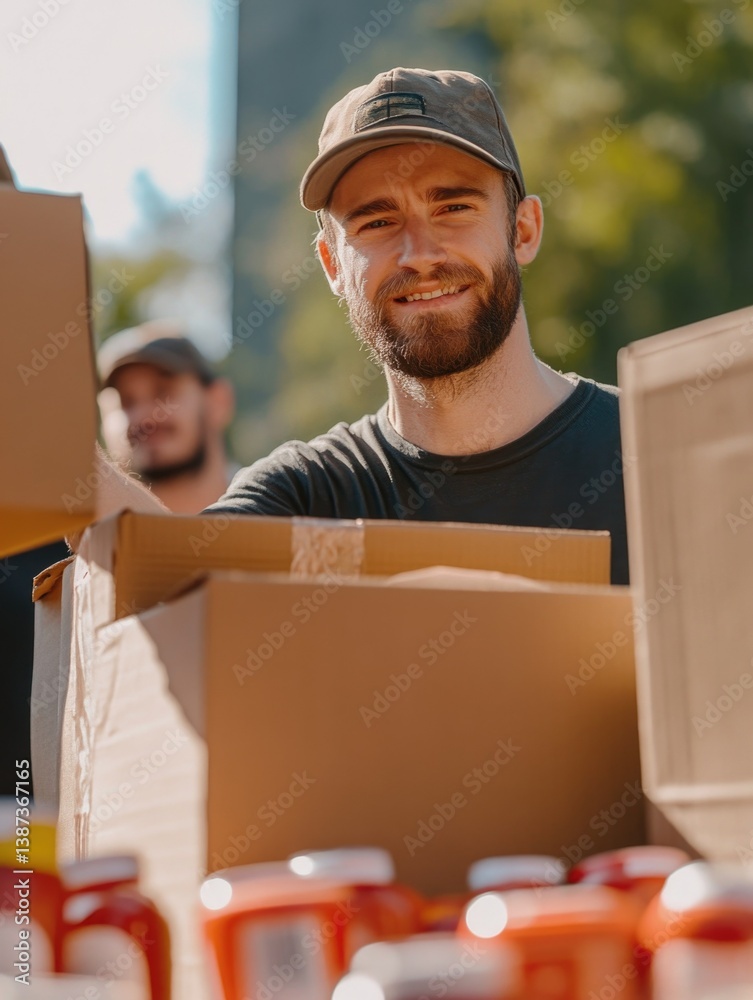 A man in a hat and t-shirt loading boxes into the back of a van during daytime. He is smiling, indicating he's happy to help with moving or transportation tasks.