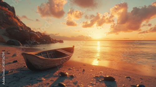Sunset on beach with wooden boat at the shore.