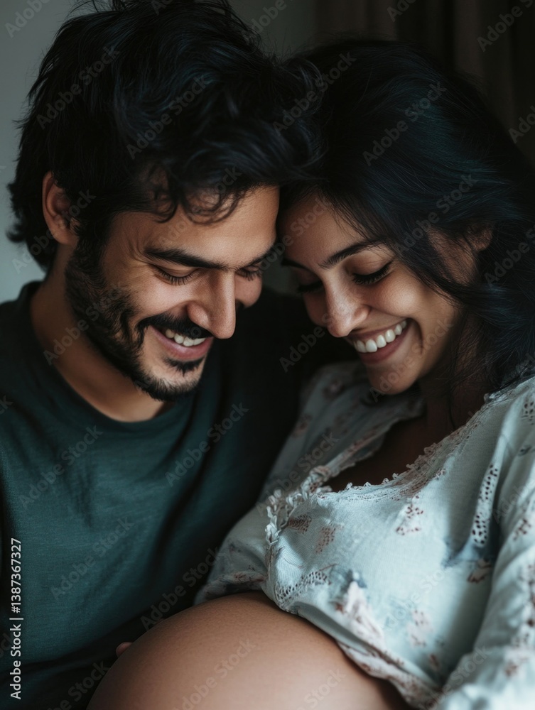Man and woman embracing each other, smiling at a baby in a bump. Intimate family moment.