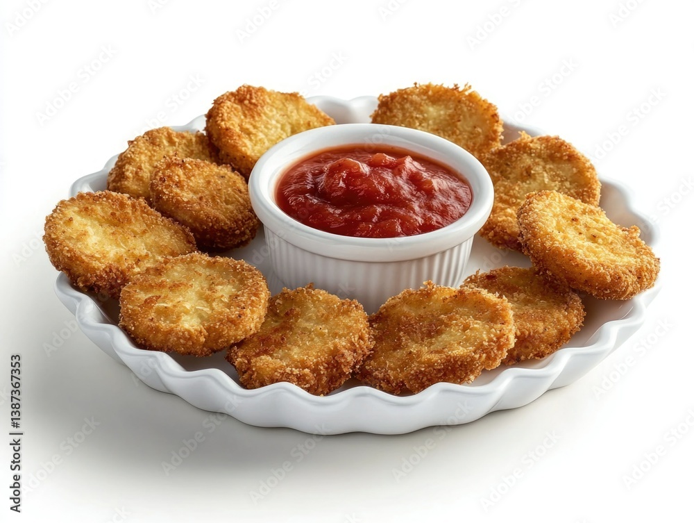Savory appetizer consisting of breaded chicken tenders with a crispy exterior, served alongside ketchup for dipping.