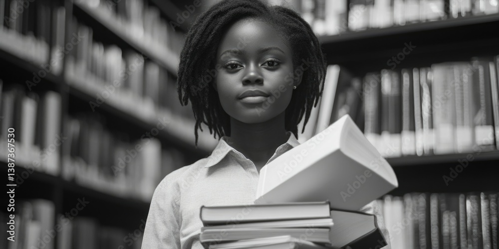 A young woman with dreadlocks holding a pile of books in her arms. She is in a library, surrounded by bookshelves full of various books.