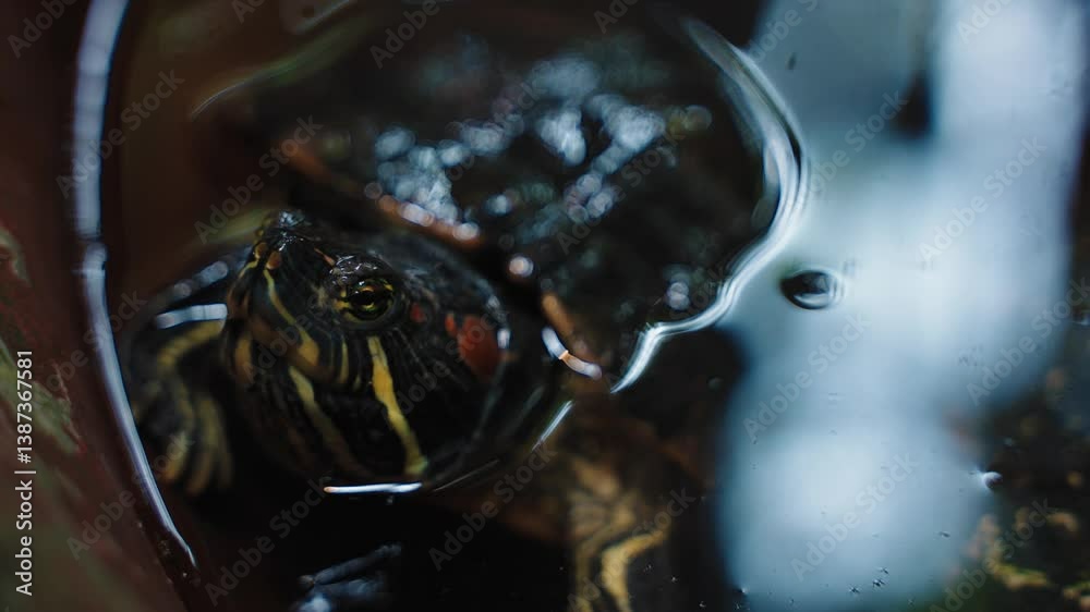 A pretty Yellow-bellied Slider (Trachemys scripta scripta) or water Turtle standing on a log in the water. Its reflection showing in the water.
