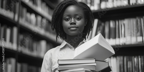 A young woman with dreadlocks holding a pile of books in her arms. She is in a library, surrounded by bookshelves full of various books.