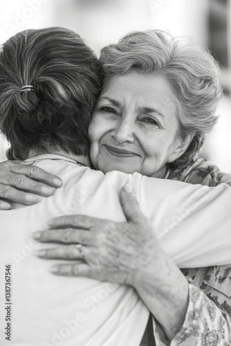 Elderly woman hugging young child in heartfelt embrace