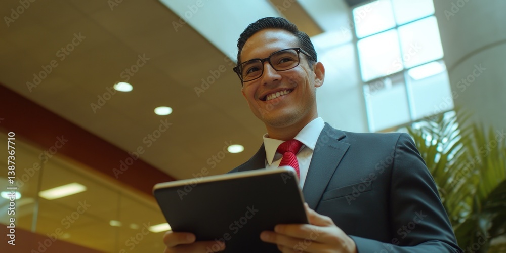 Man in suit using tablet for business. Professional setting with modern technology.