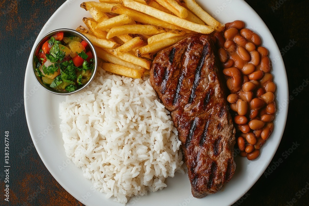 A delicious, home-cooked dinner featuring a grilled steak with rice and beans. Fried potatoes accompany the meal, complemented by a side of fresh guacamole.