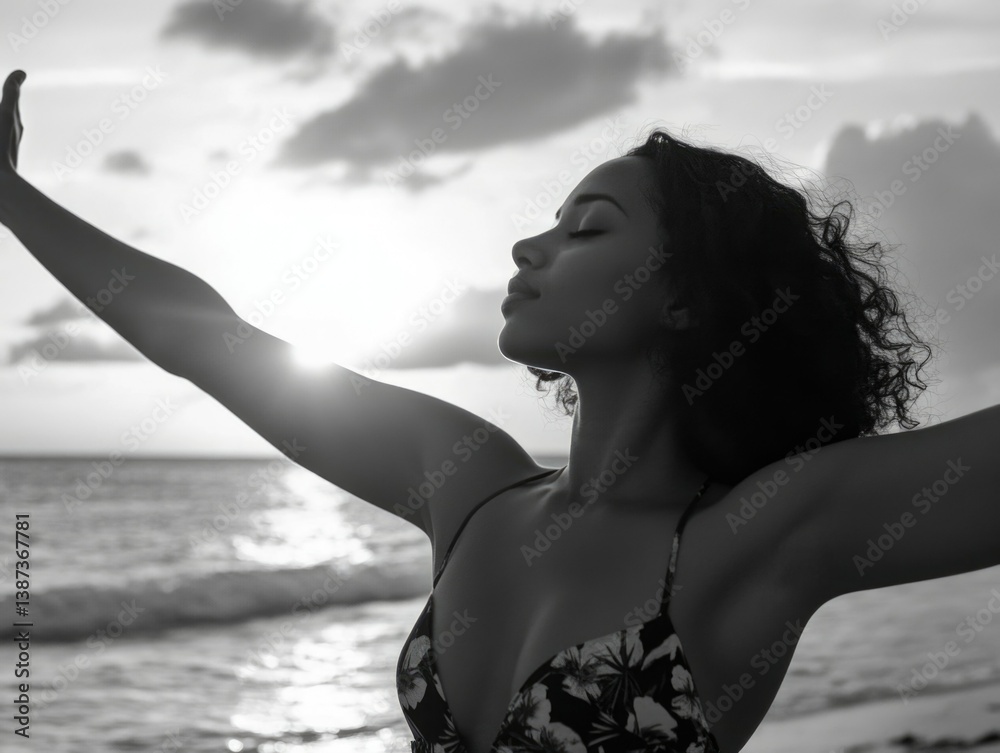 Woman in bikini with arms outstretched, enjoying the warmth of a tropical sunset