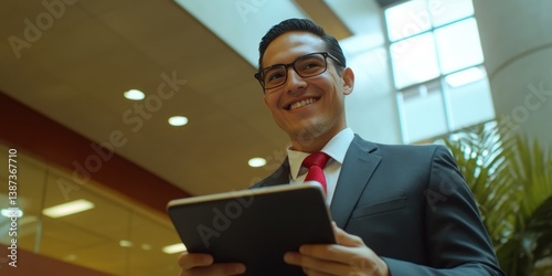 Obraz na płótnie Man in suit using tablet for business. Professional setting with modern technology. w salonie