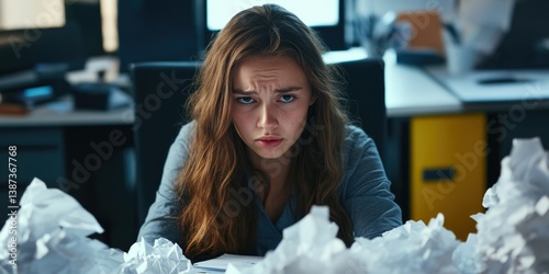 Obraz na płótnie Young female executive in business setting surrounded by scattered paperwork and cluttered desk expressing frustration with furrowed brows, looking down at desk surface. w salonie