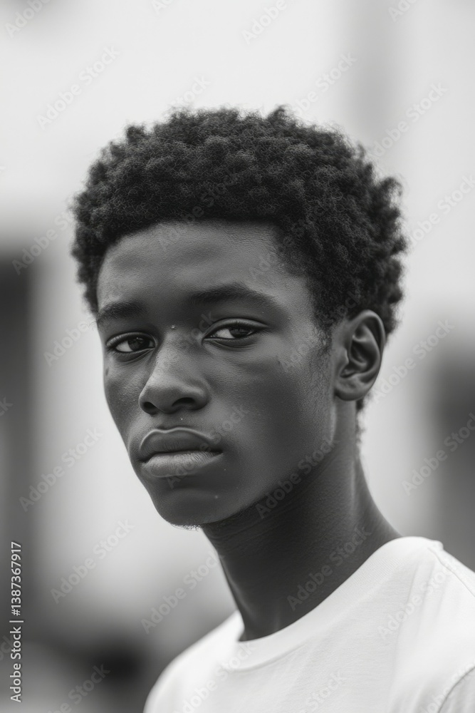 Portrait of young man in contemplation, wearing casual streetwear with earrings and headband.